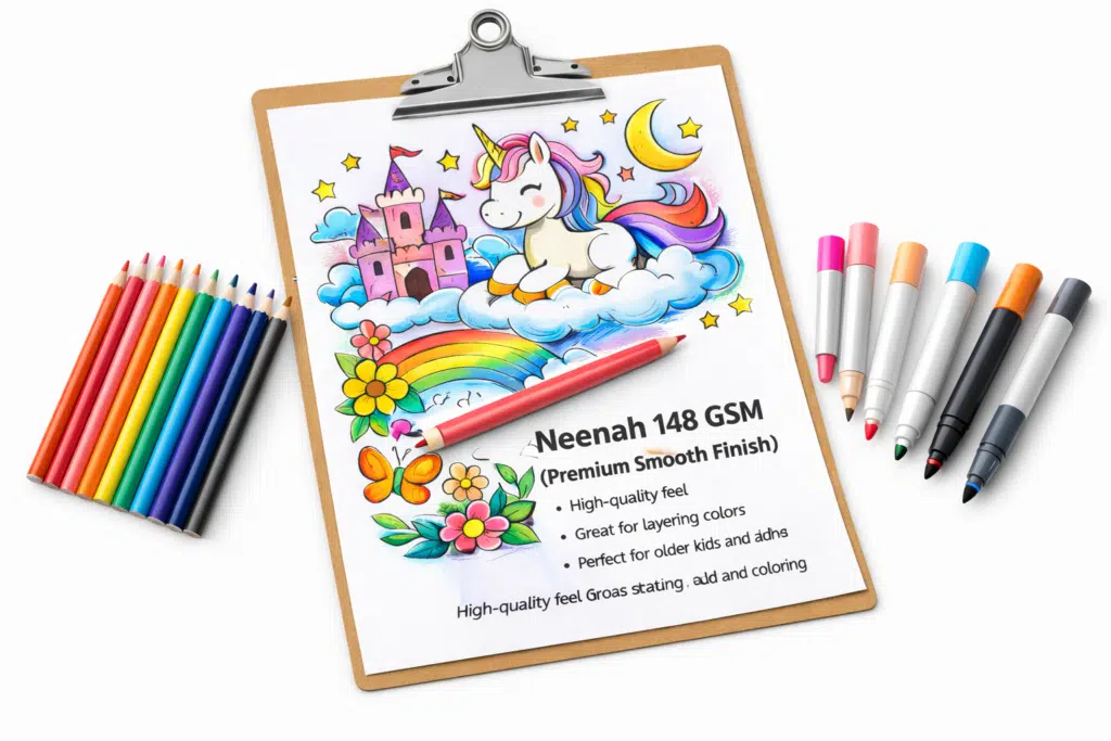 Neenah 148 GSM paper with a detailed unicorn coloring page, colored pencils, and markers on a white background.