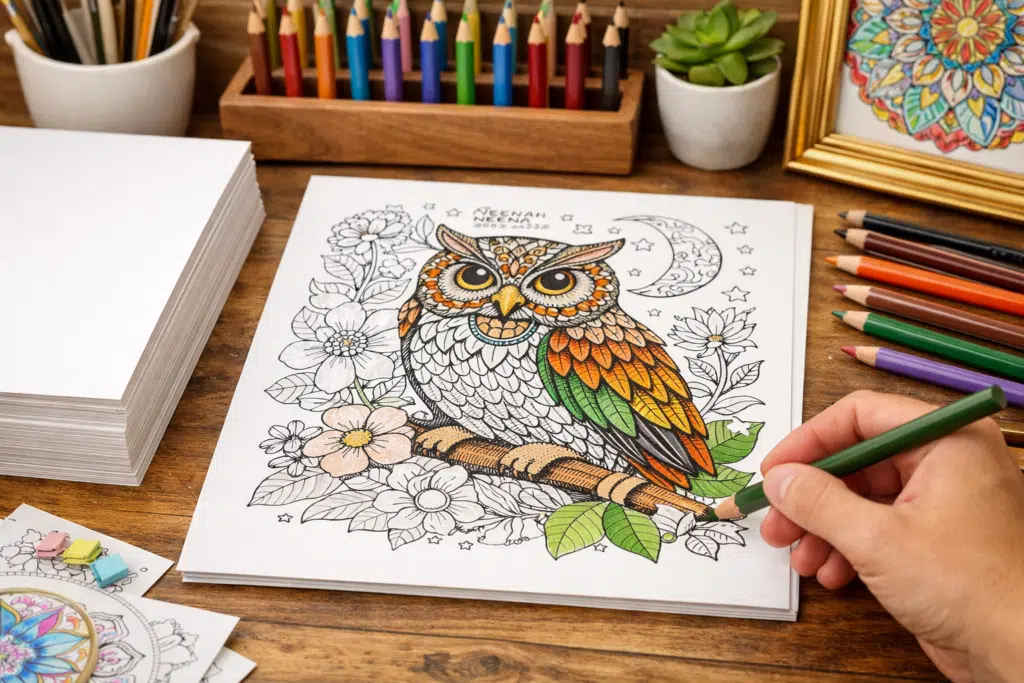 Hand coloring an owl coloring page on ultra-thick cardstock with colored pencils on a wooden desk.