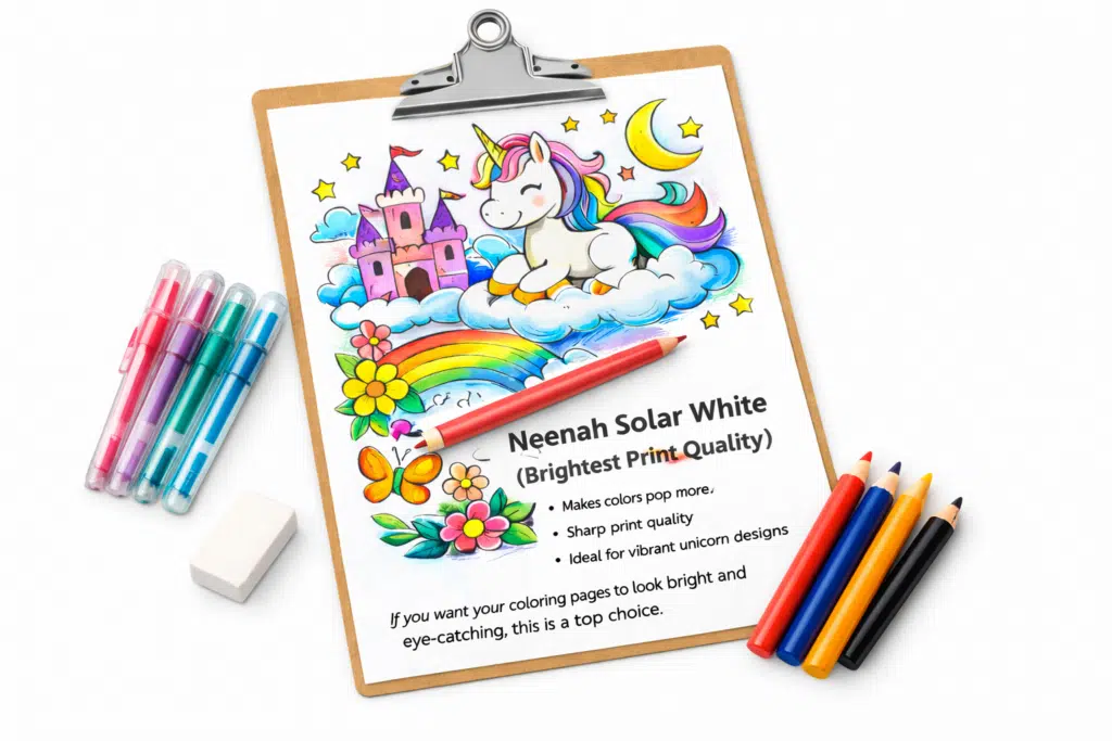 Neenah Solar White paper with a bright unicorn coloring page, pencils, and gel pens on a white background.