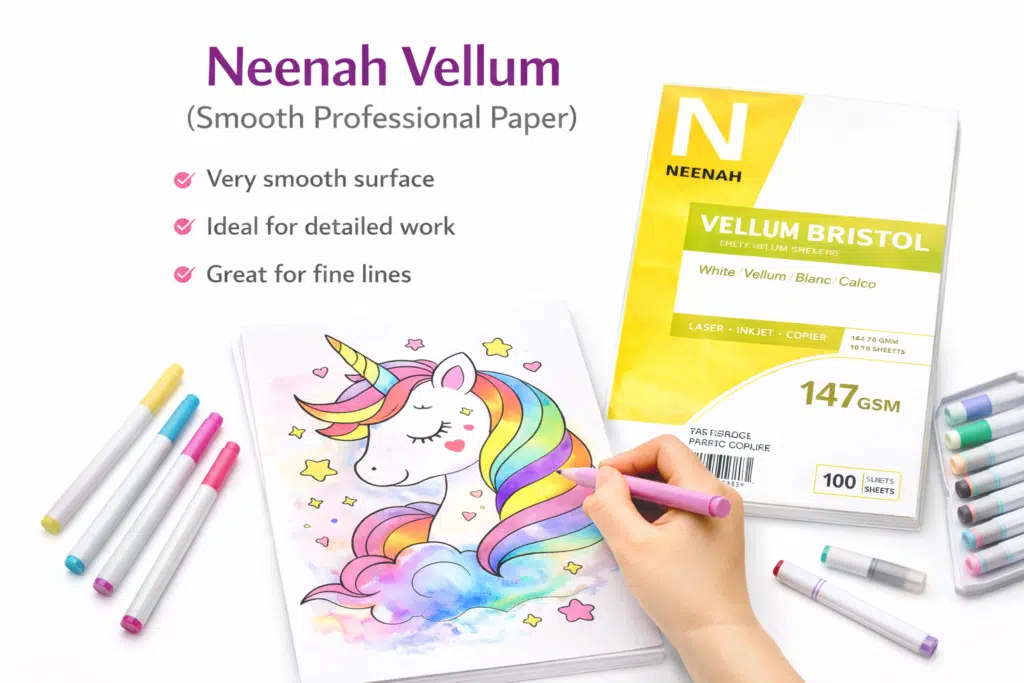 Neenah Vellum paper with unicorn coloring page showing smooth surface and fine detail coloring