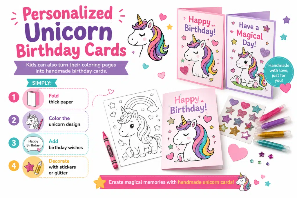 Personalized unicorn birthday cards infographic showing step-by-step DIY process with coloring pages, stickers, and glitter on a white background.