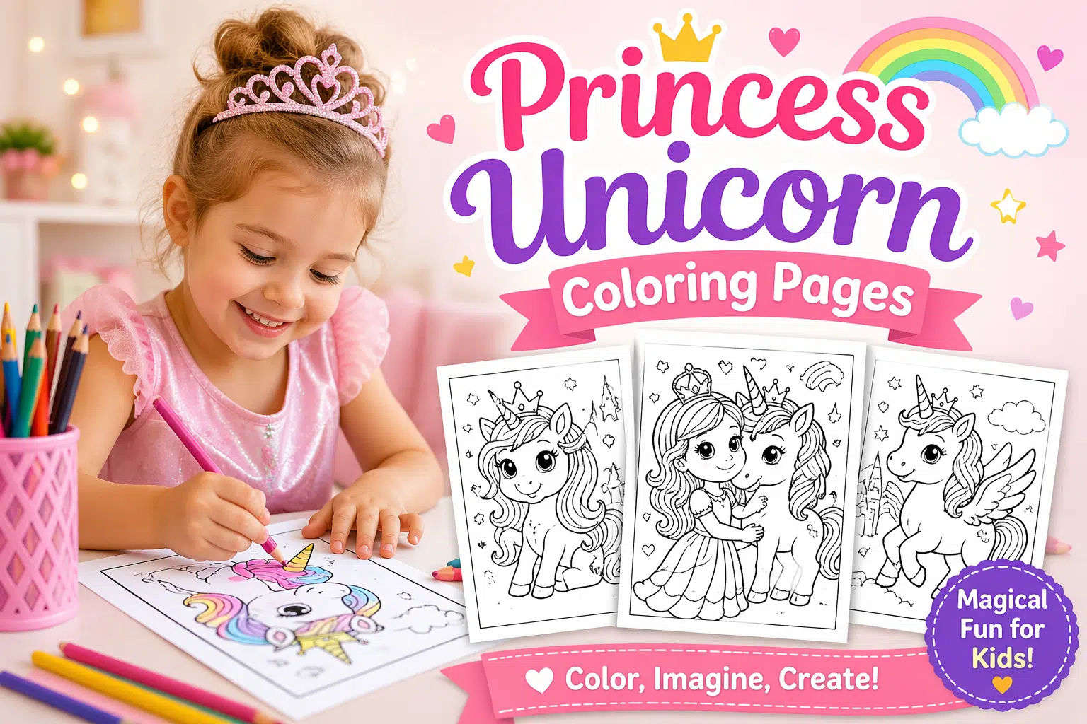 Baby girl coloring a princess unicorn page with colorful Princess Unicorn Coloring Pages banner.