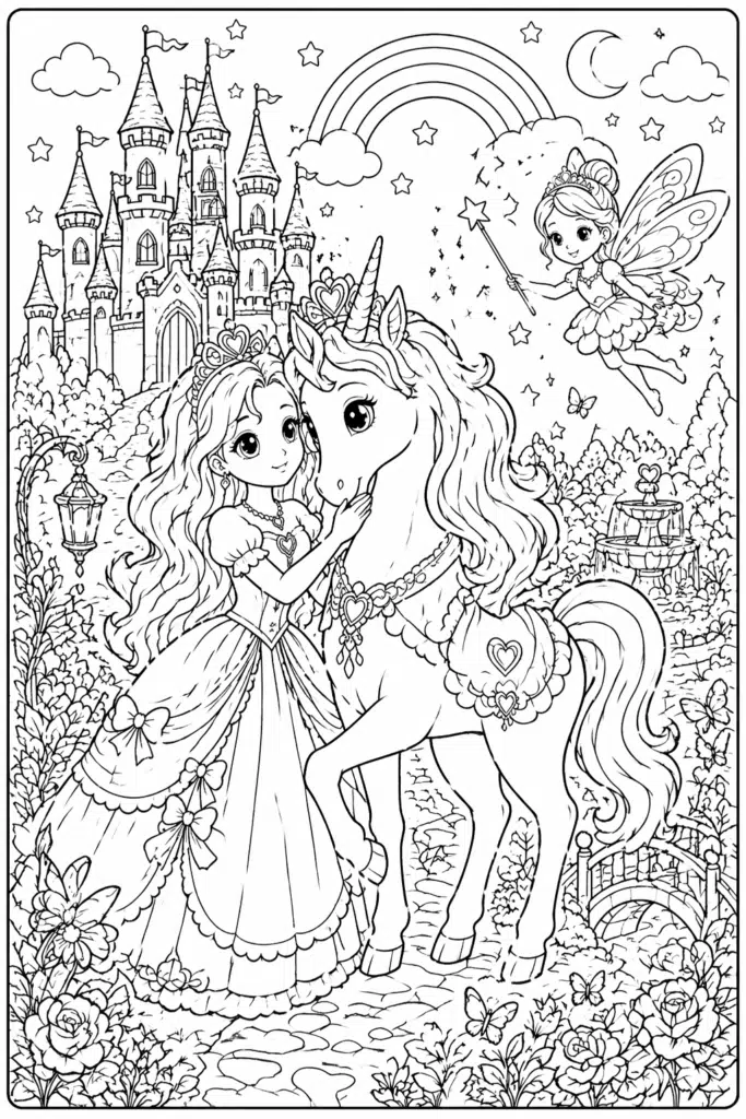 Royal unicorn castle fairy fantasy coloring page printable for kids