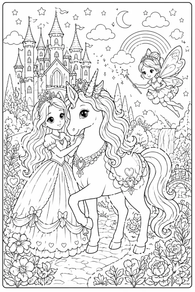 Princess girl with unicorn and fairy castle fantasy coloring page for kids