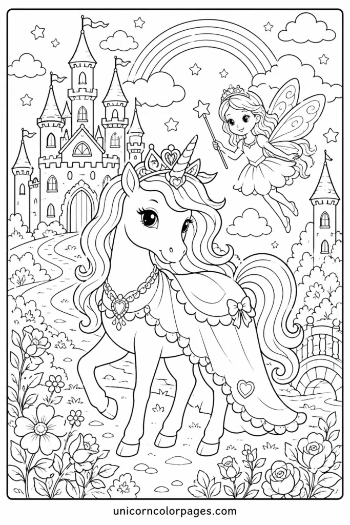 Princess unicorn coloring page with fairy, castle, rainbow, and flowers fantasy scene