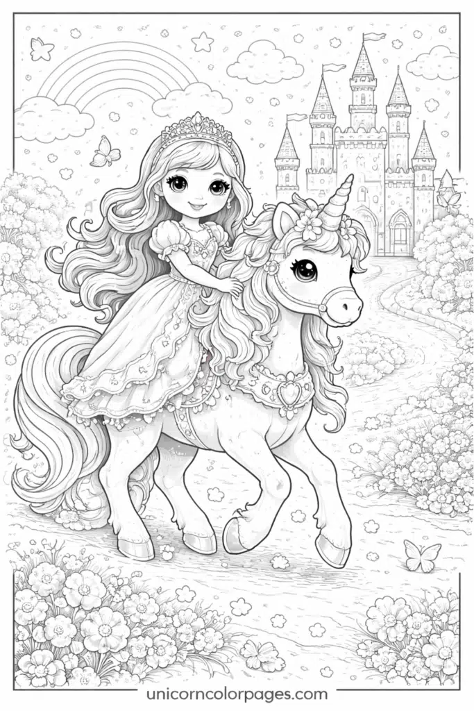 princess and unicorn coloring page printable pdf princess riding unicorn in magical meadow with flowers castle and butterflies