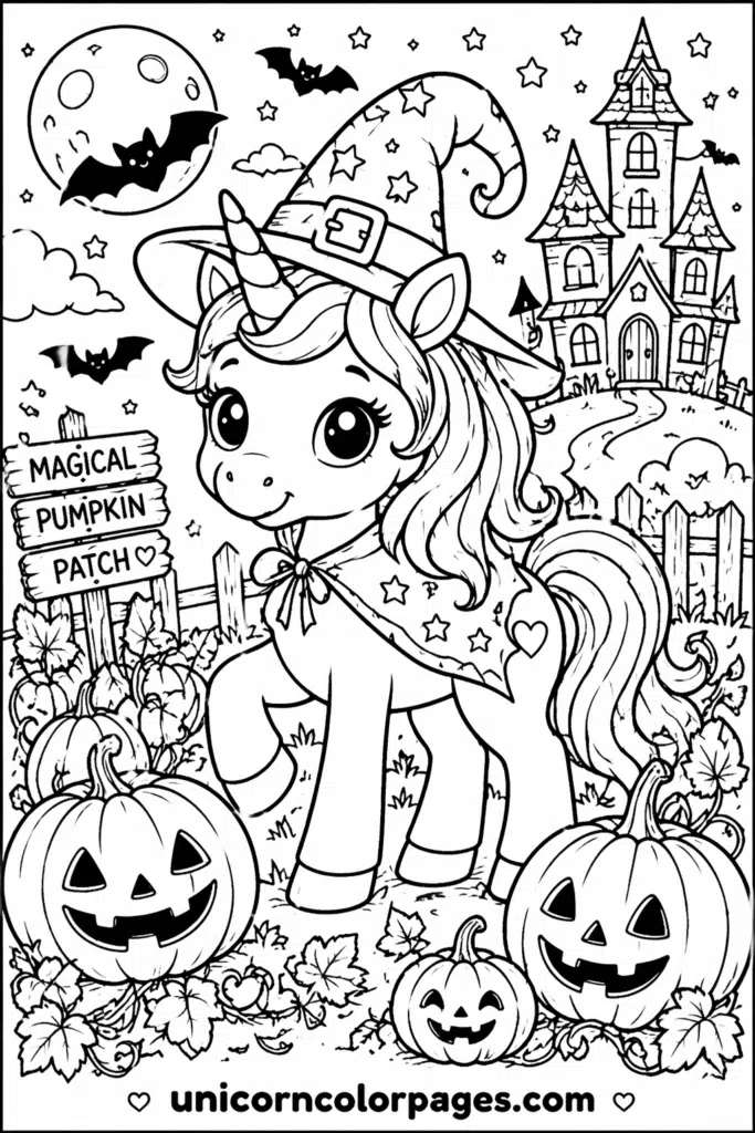 Halloween pumpkin unicorn coloring page with spooky pumpkin patch and bats