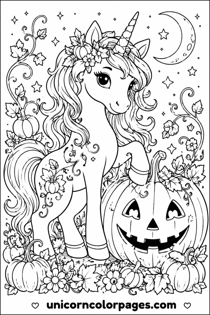 Detailed magical pumpkin unicorn coloring page with floral and autumn design