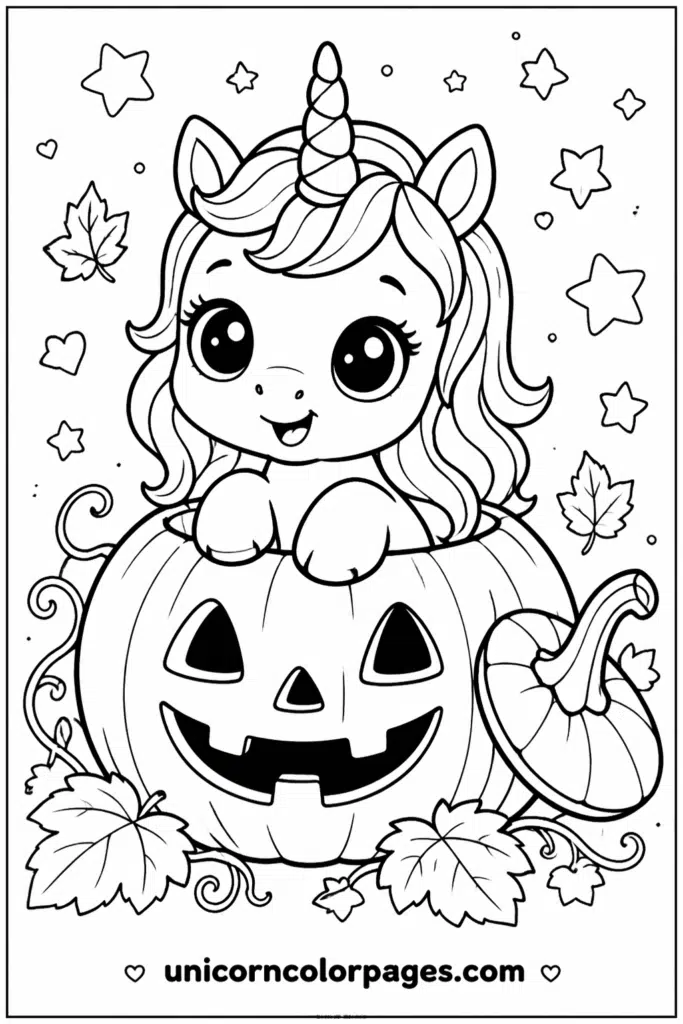 Cute pumpkin unicorn coloring page with baby unicorn inside jack-o’-lantern