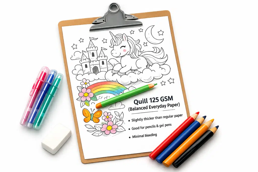 Quill 125 GSM paper shown with a unicorn coloring page on a clipboard, surrounded by colored pencils, gel pens, and an eraser on a white background.