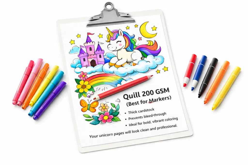 Quill 200 GSM cardstock with a fully colored unicorn coloring page and colorful markers on a white background.