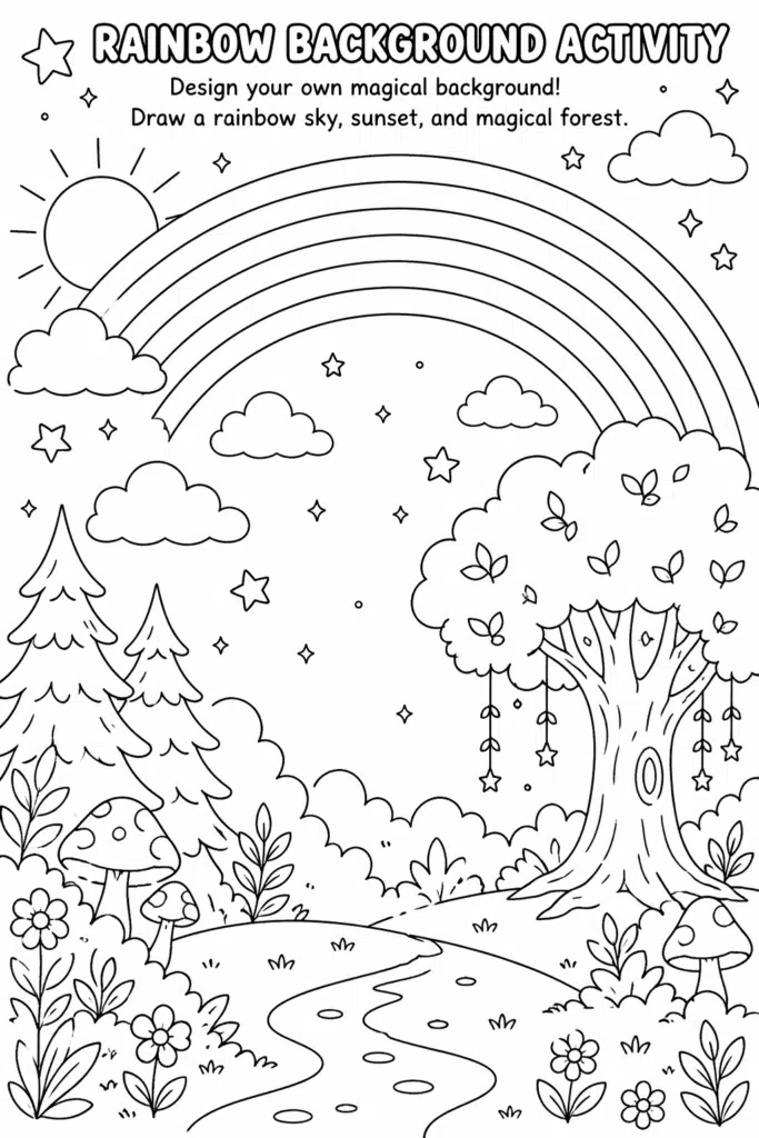 Black-and-white coloring page with a large rainbow over clouds, stars, and a magical forest with trees, mushrooms, and a winding path.