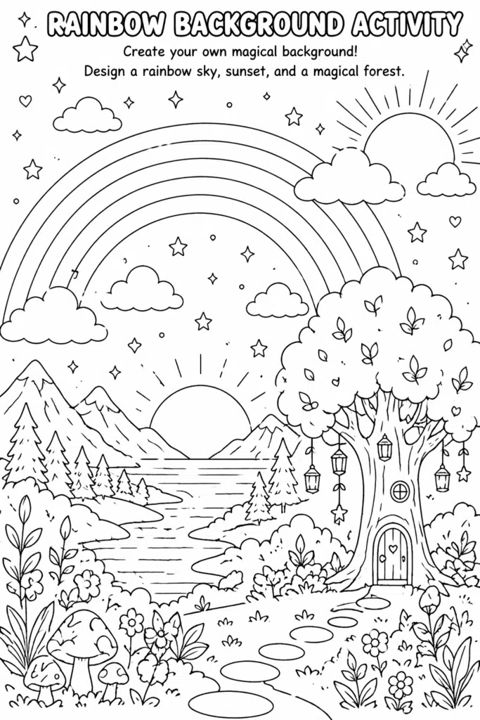 Black-and-white coloring page showing a magical landscape with rainbow sky space, trees, clouds, and decorative elements for kids to color.