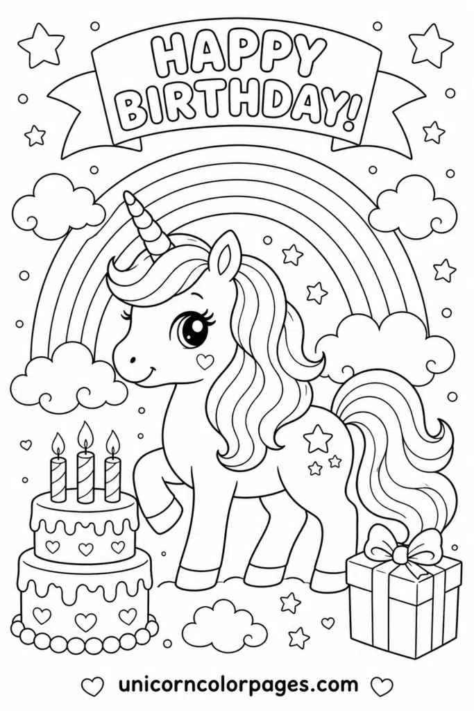 Rainbow unicorn birthday coloring page with cake, gift, stars, and banner