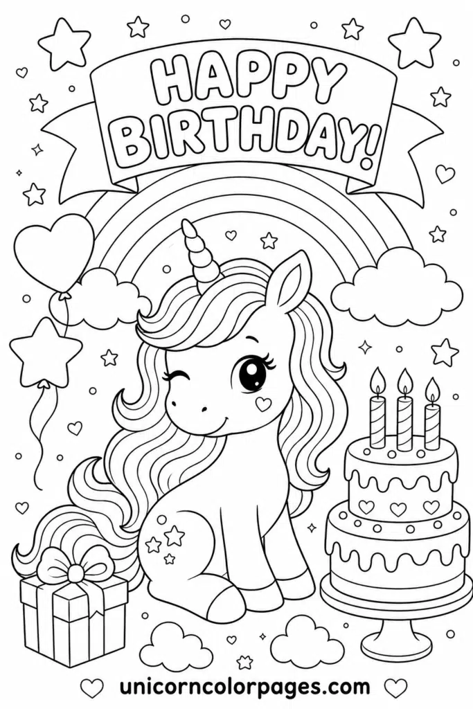 Unicorn birthday coloring page with balloons, rainbow, and cake