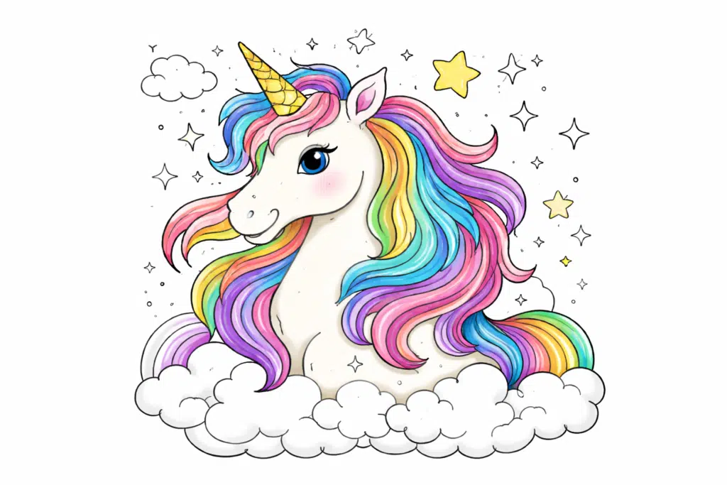 Unicorn with rainbow mane and cream body coloring page.