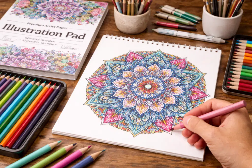 Hand coloring a detailed mandala on a smooth illustration pad with colored pencils.