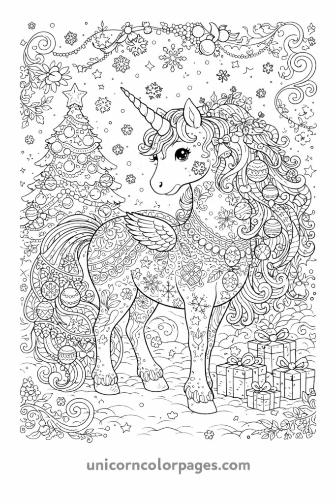 Detailed Christmas unicorn with ornaments, tree, and gifts coloring page