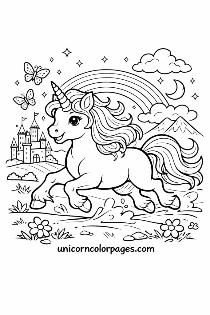 Running unicorn with rainbow, castle, and stars coloring page
