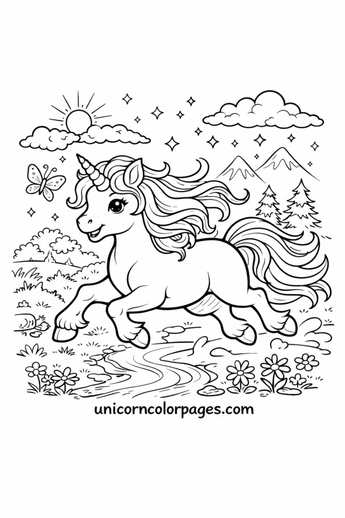 Galloping unicorn in forest with mountains coloring page