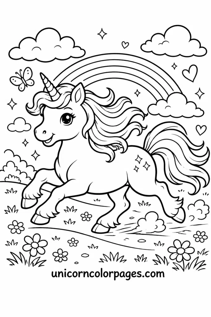 Running unicorn with magical background coloring page