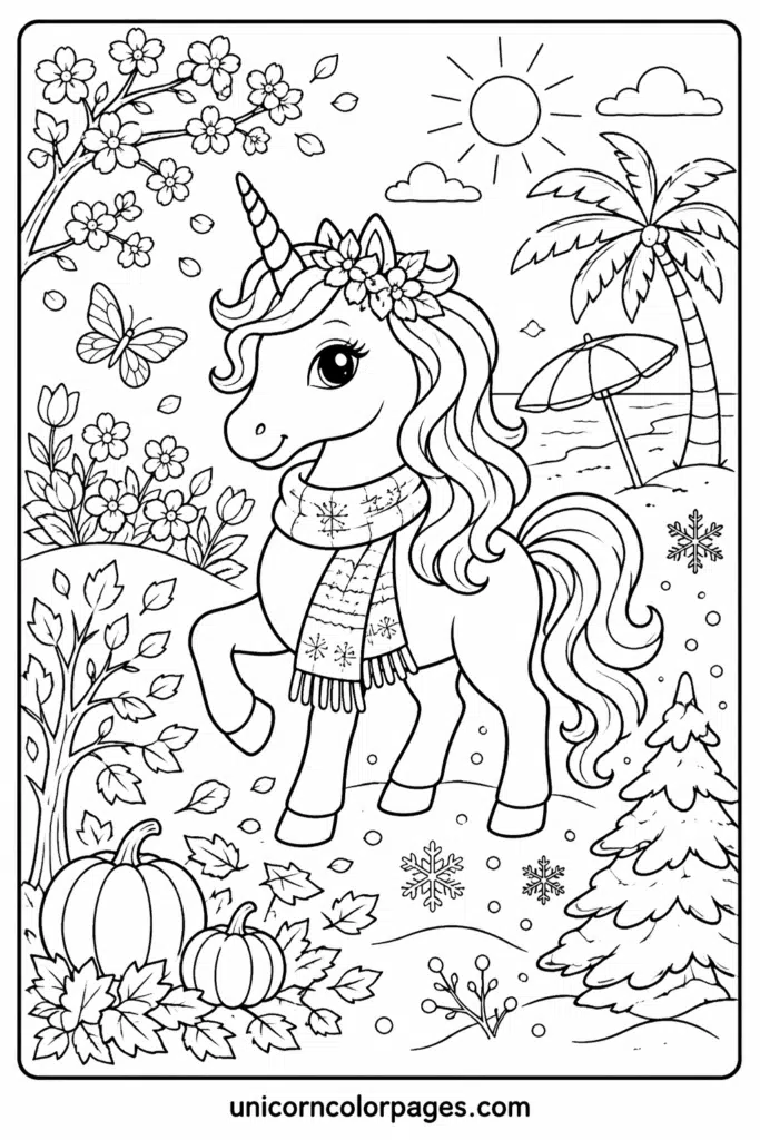 Seasonal unicorn coloring page with flowers, beach, pumpkins, and snowflakes