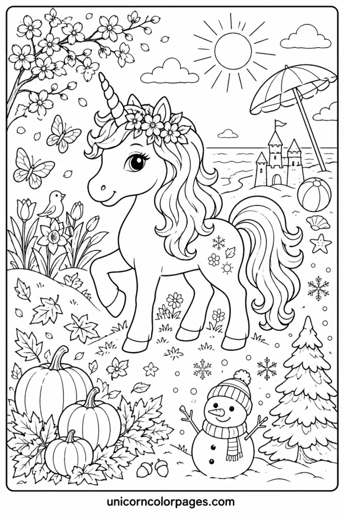 Unicorn coloring page with seasonal scenes, sandcastle, pumpkins, and snowman