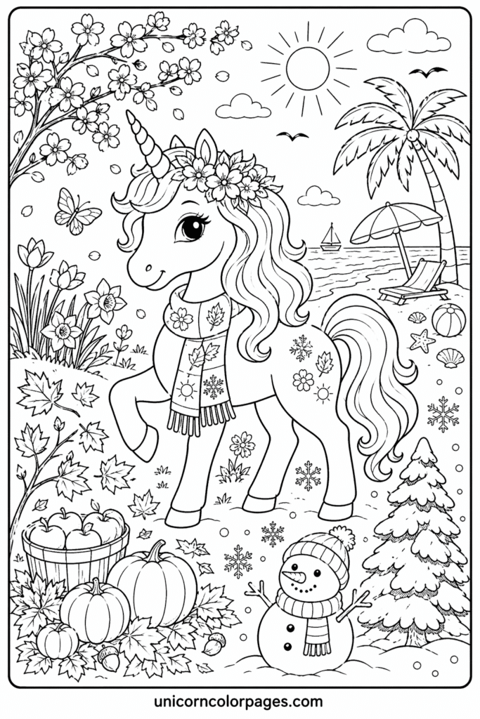 Detailed seasonal unicorn coloring page with beach chair, apples, pumpkins, and snowman