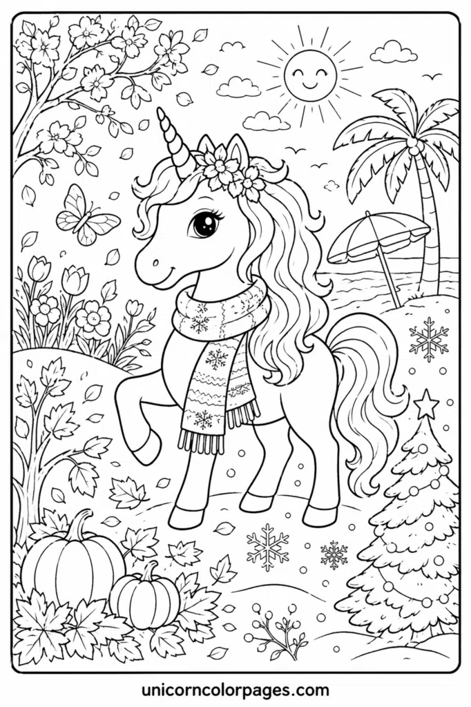 Cute unicorn wearing a scarf in a seasonal scene with flowers, pumpkins, snowflakes, and a beach background, black-and-white coloring page.