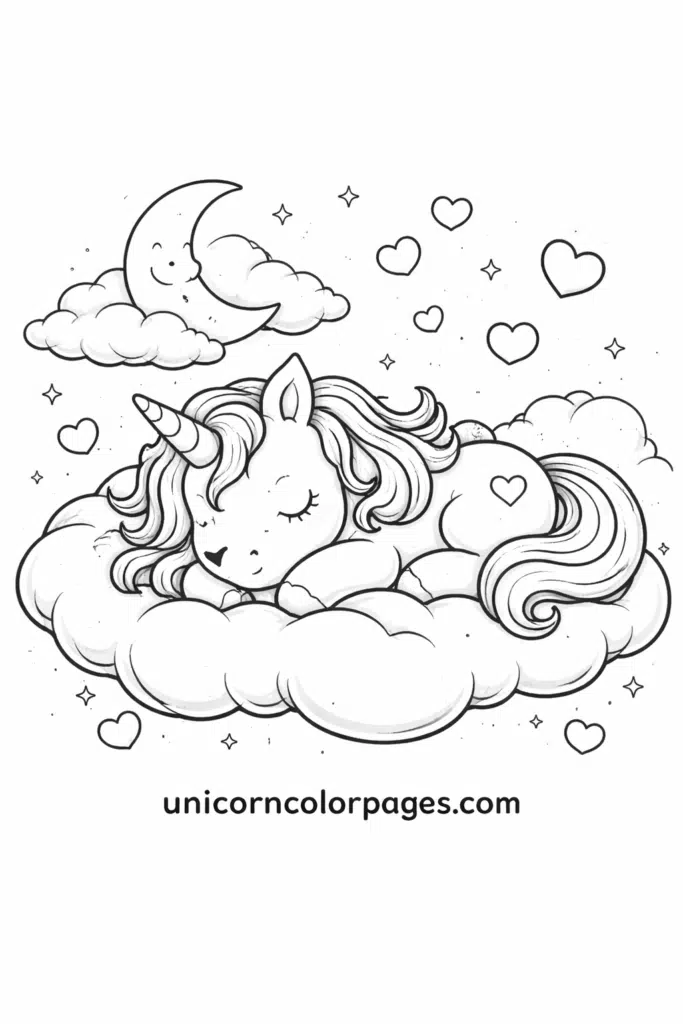 Adorable baby unicorn sleeping on a cloud with hearts and stars, simple coloring page for kids.