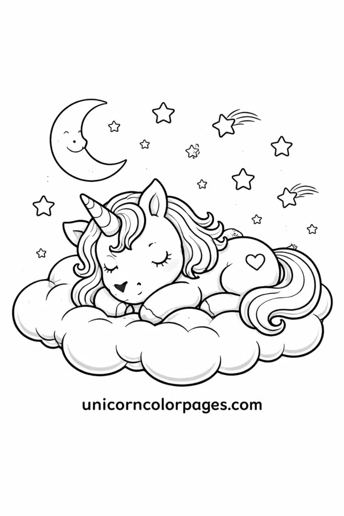 Sleeping unicorn on a fluffy cloud under stars and moon, cute printable coloring page.