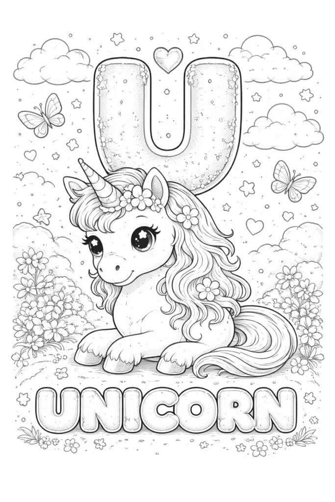 u for unicorn coloring page black and white letter u unicorn printable for kids