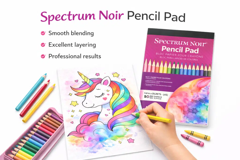 Spectrum Noir Pencil Pad with unicorn coloring page showing smooth blending and layered pencil coloring