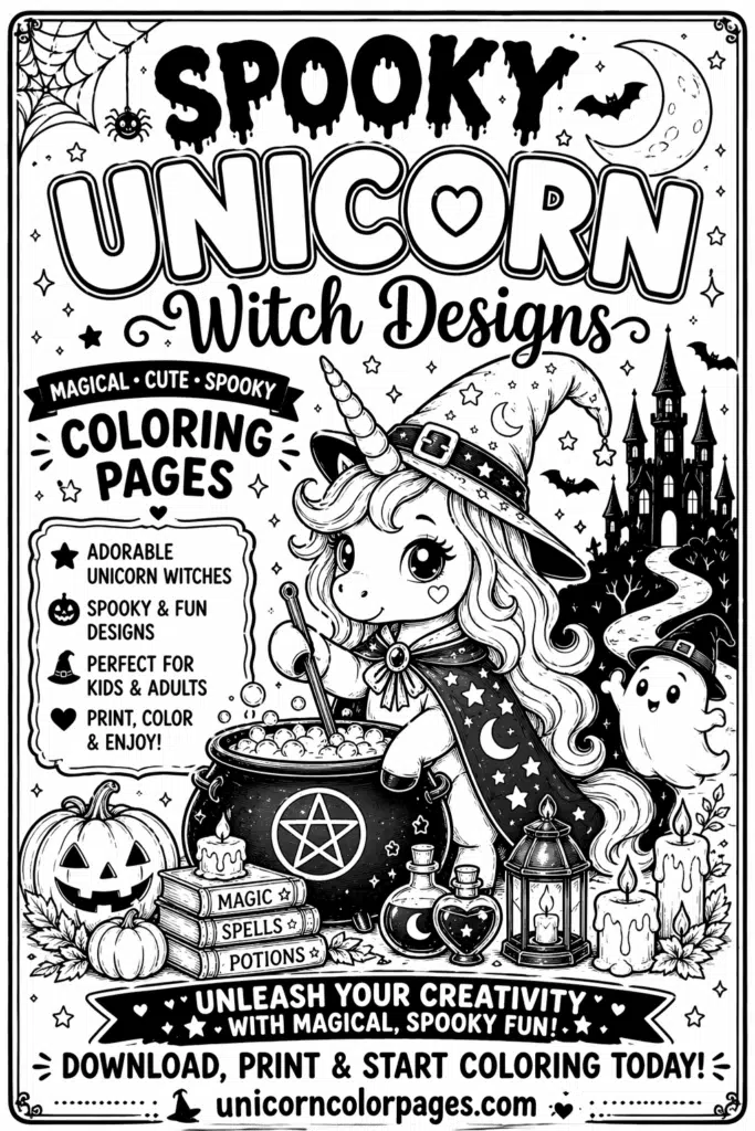 Spooky unicorn witch design coloring page with potions, candles, and moon night theme