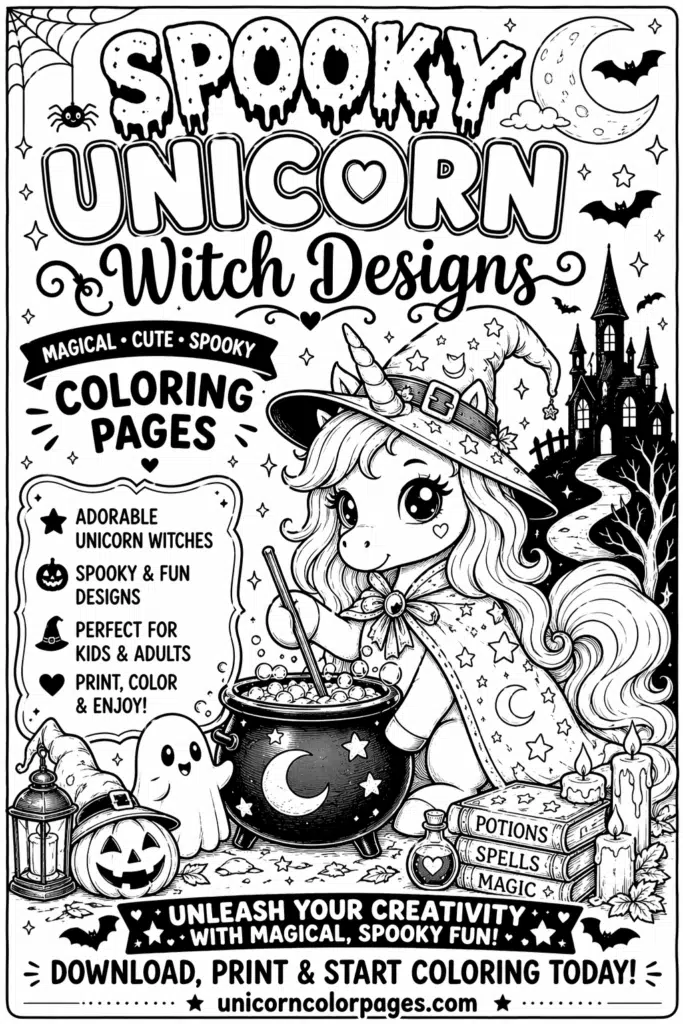 Adorable unicorn witch Halloween coloring page with castle, ghost, and stars