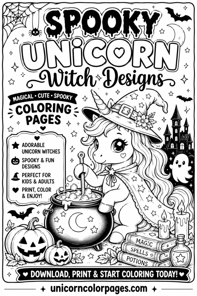 Spooky unicorn witch coloring page with pumpkins, cauldron, and magical Halloween elements