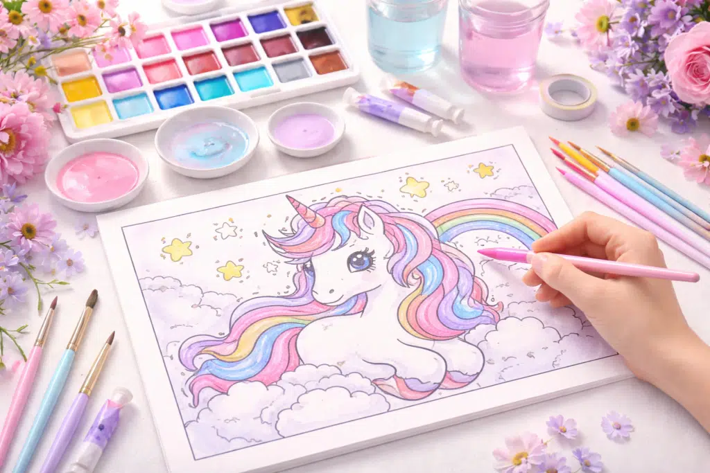 Hand coloring a cute unicorn coloring page with pastel colors on a bright art workspace.