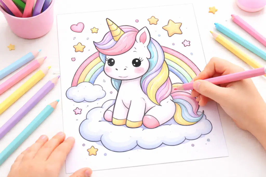 Child coloring a cute unicorn page with light pastel colors on a clean white background