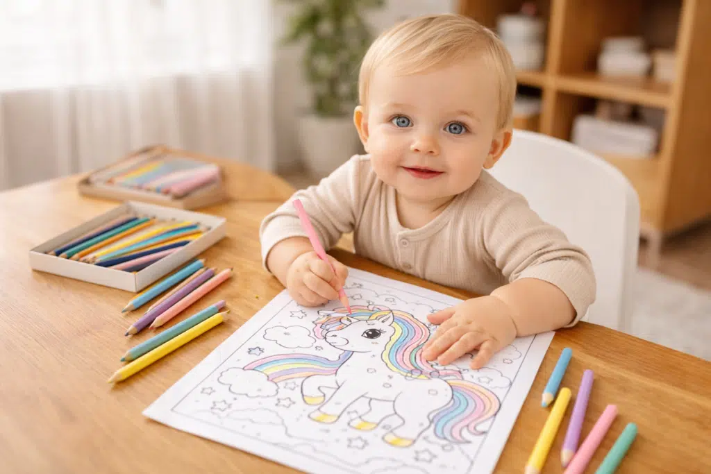 Baby coloring a unicorn coloring page with soft pastel shades using colored pencils.
