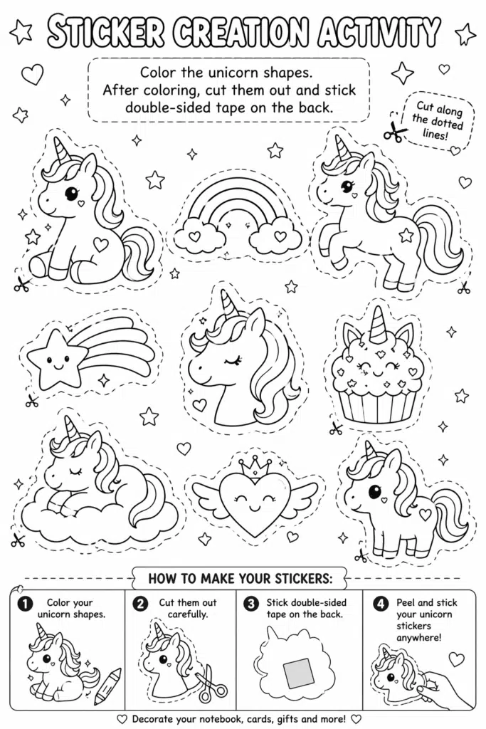 Unicorn sticker coloring page with cut-out shapes and step-by-step instructions.