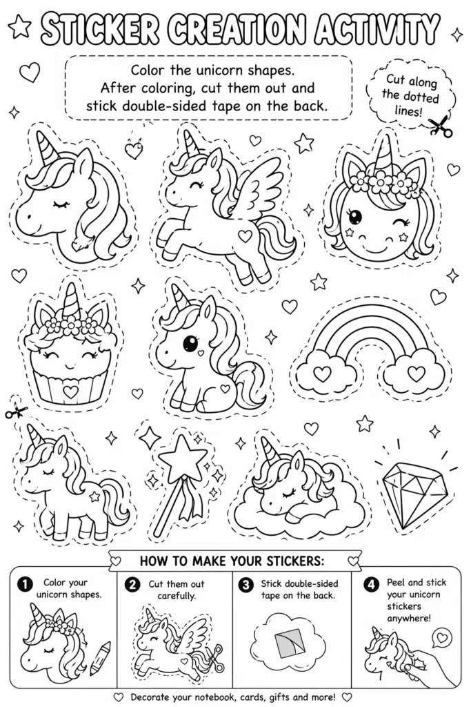 Printable unicorn sticker activity sheet with multiple small designs and cutting guides.