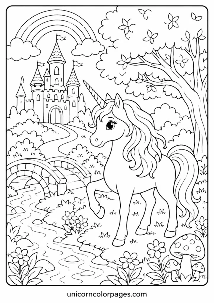 Unicorn standing near a stream with a bridge and castle in the background.