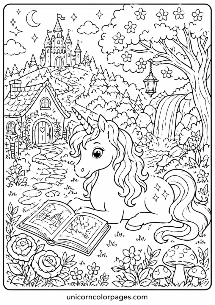 Unicorn lying on grass reading a book near a cottage and waterfall.