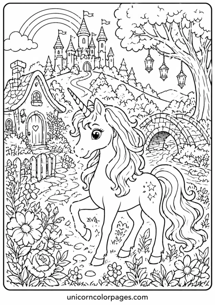 Unicorn walking on a path with flowers, cottage, and castle scene.