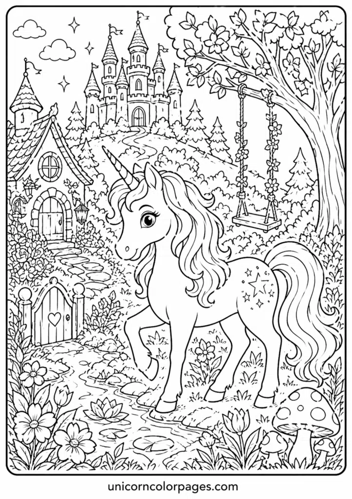 Unicorn in a magical fantasy scene with decorative landscape elements.