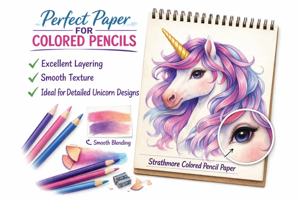 Strathmore colored pencil paper with unicorn coloring page showing smooth blending and layered pencil shading