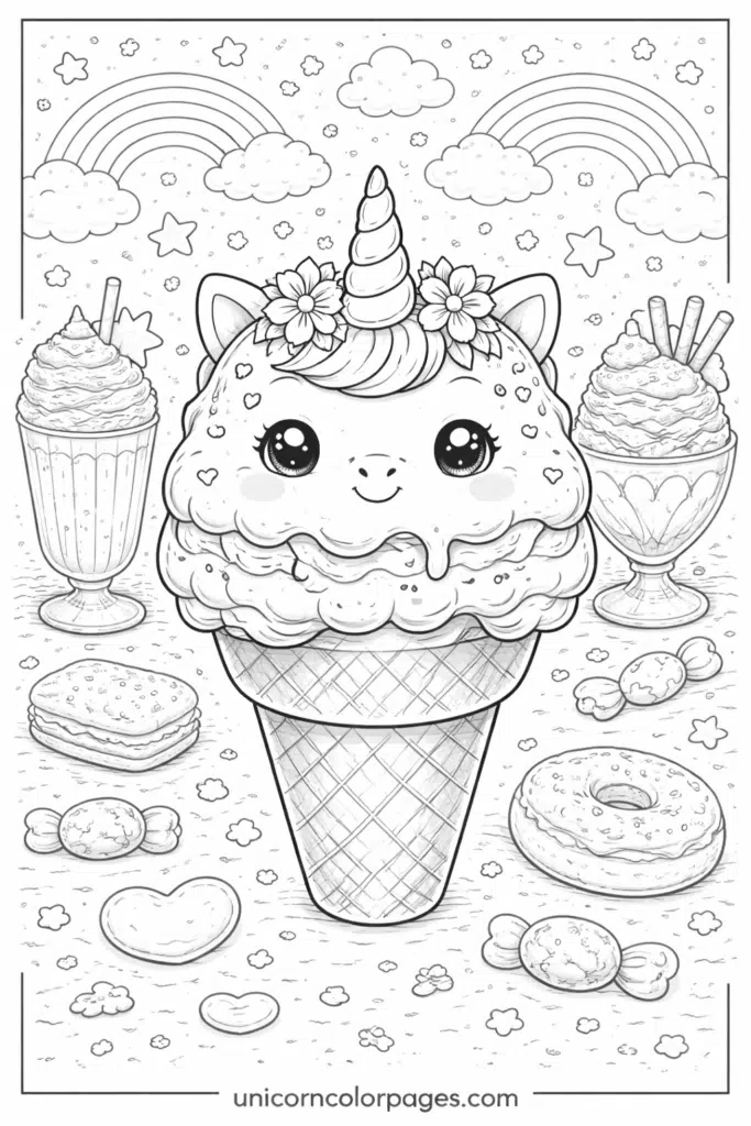 unicorn ice cream coloring page printable pdf cute unicorn ice cream cone with sprinkles sweets and rainbow for kids