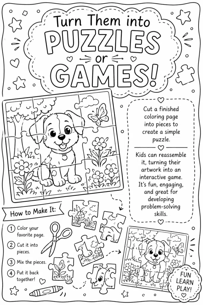 Printable coloring page with puzzle pieces and game-themed design elements.