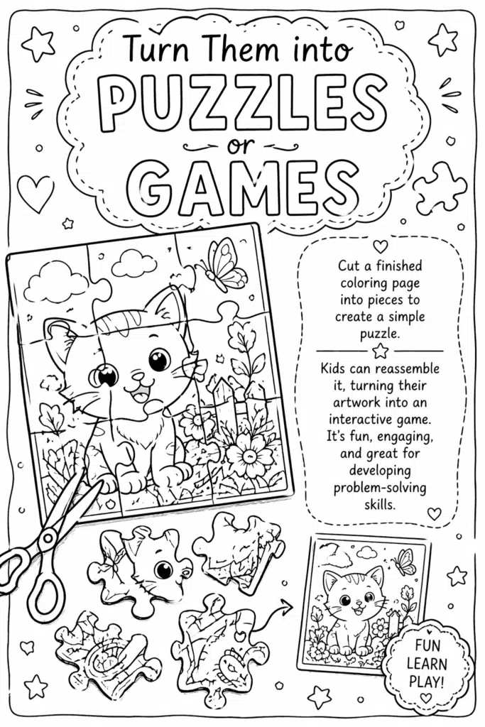 Coloring page showing a cut-up picture turned into a puzzle with a cute cat illustration.