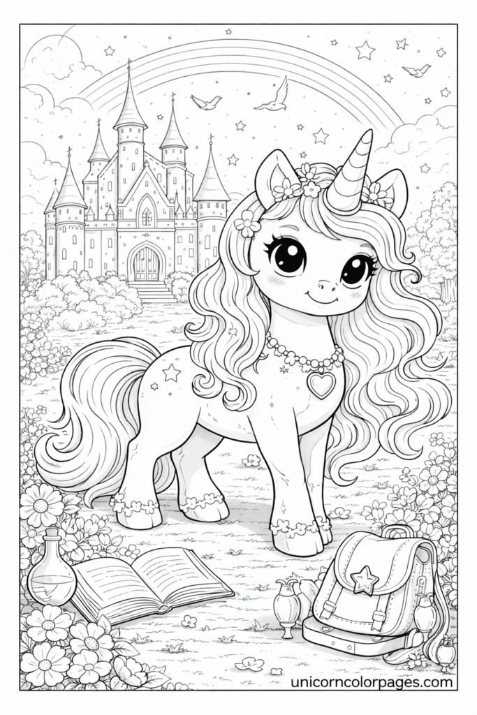 unicorn academy coloring page printable pdf cute unicorn in front of magic academy castle with rainbow and stars